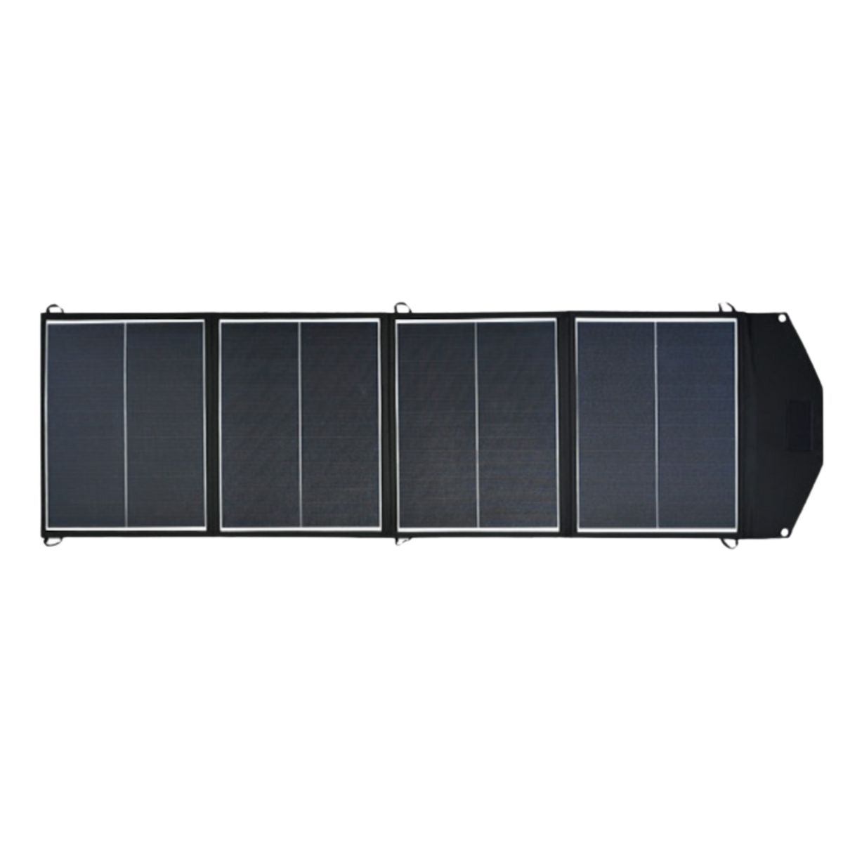 The 200W folding solar blanket opened out flat, four hinged panels of shingled cells in fabric-bound frames with corner tie loops, and the cable pocket at the far end