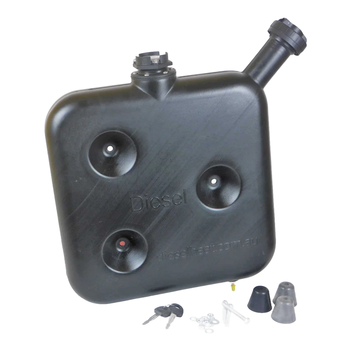 Black fuel tank with accessories on a white background – 10L Black Wafer Fuel Tank for Diesel Air Heater with Lockable Cap and Gauge