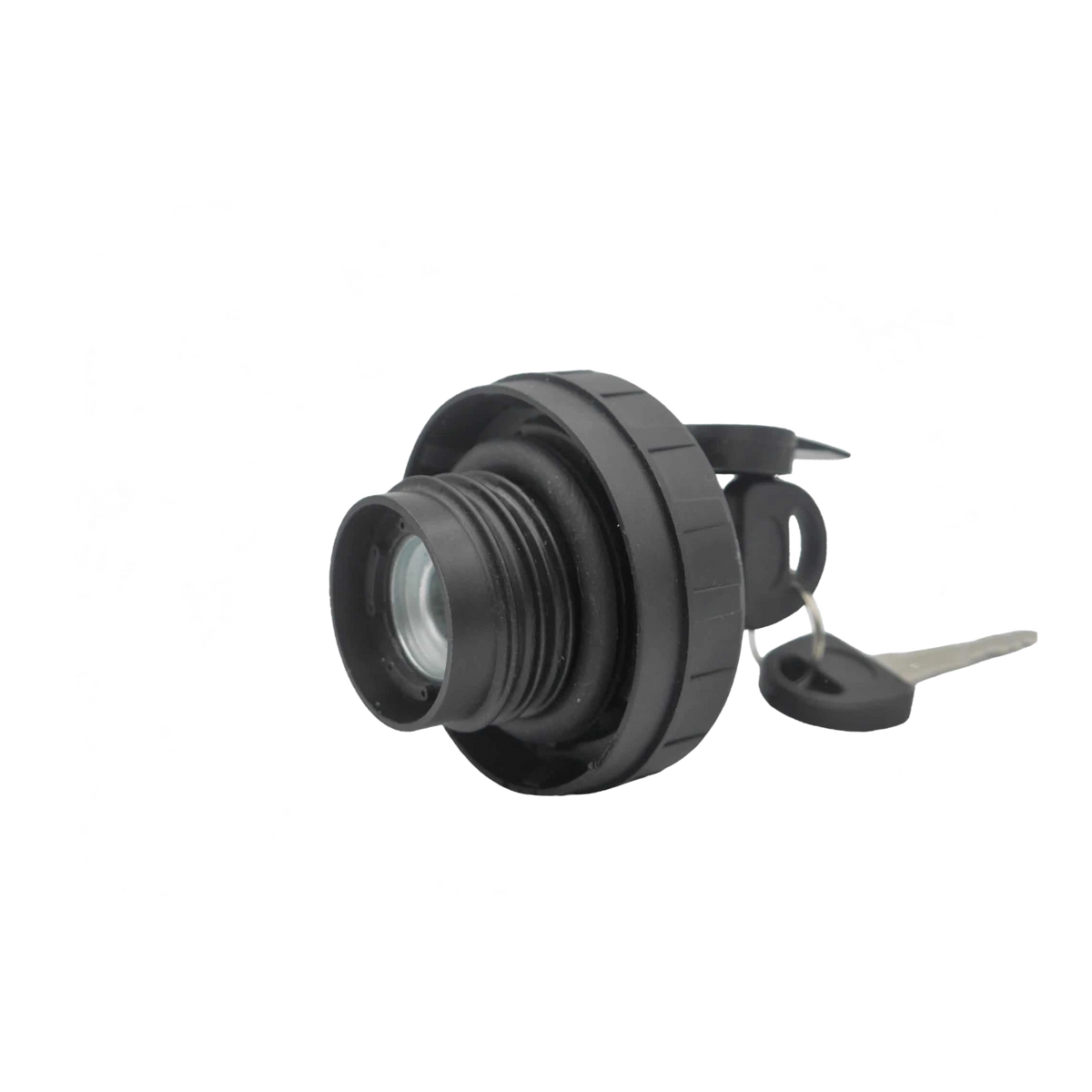 Black plastic locking fuel cap for the wafer tank, the threaded neck and sealing gasket facing the camera, with the key in the barrel and a second key on the ring
