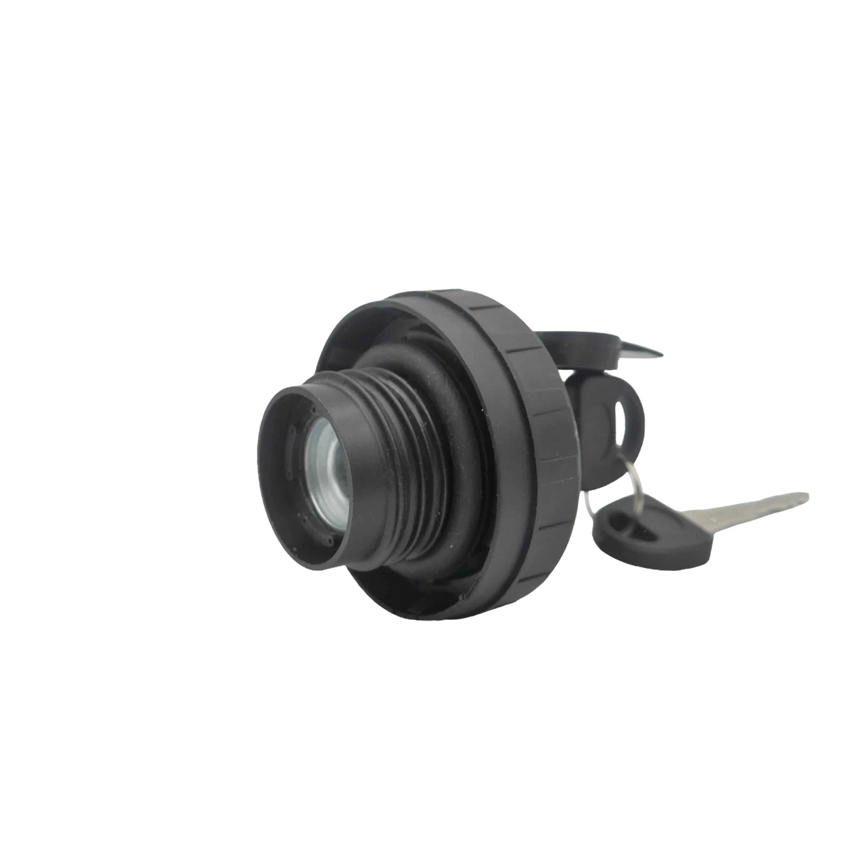 Black plastic locking fuel cap for the wafer tank, the threaded neck and sealing gasket facing the camera, with the key in the barrel and a second key on the ring