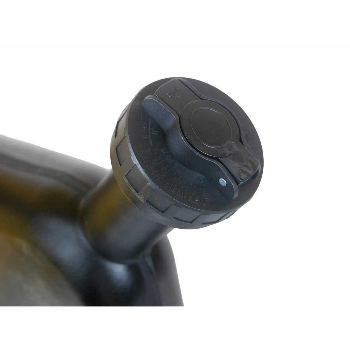 Close-up of the 10L Black Wafer Fuel Tank for Diesel with Lockable Cap and Gauge on a white background