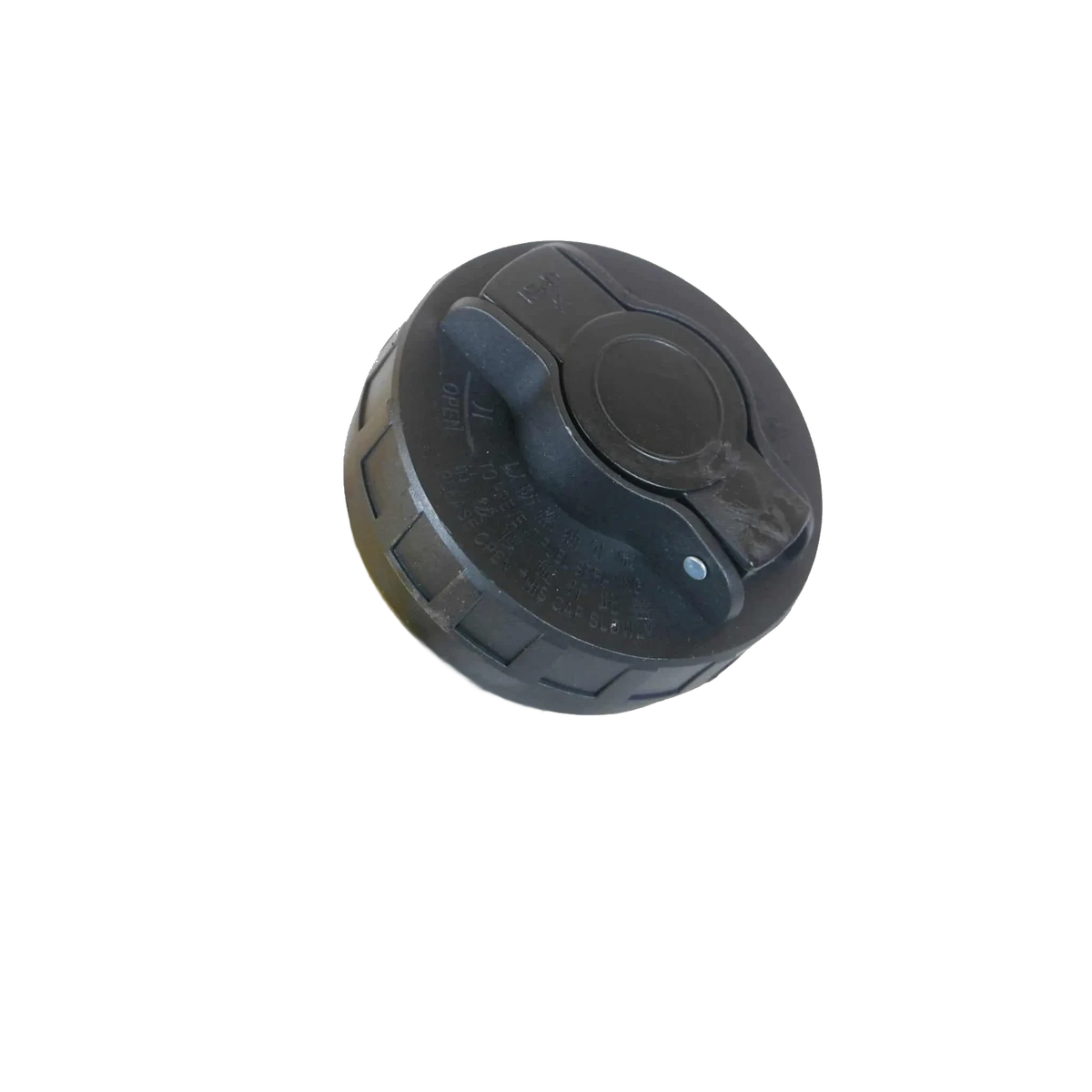 Close-up of the 10L Black Wafer Fuel Tank for Diesel with Lockable Cap and Gauge on a white background