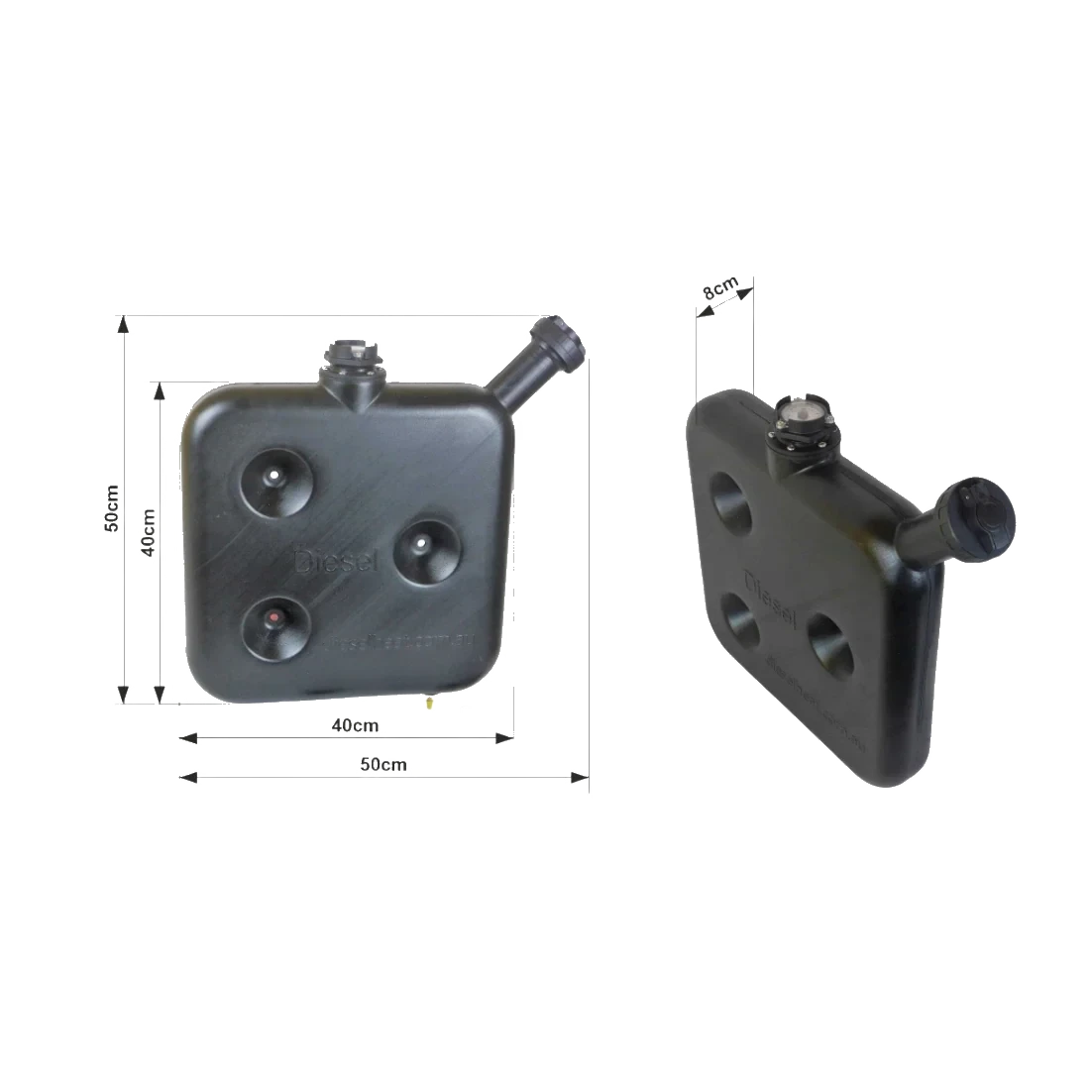 10L Black Wafer Fuel Tank for Diesel with Lockable Cap and Gauge with dimensions indicated on a white background