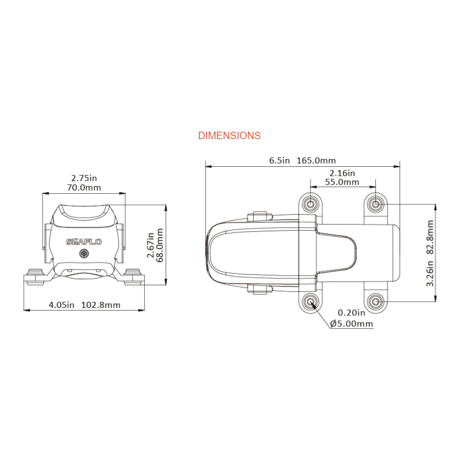 Dimension drawing of the Seaflo pump: 70.0mm wide across the body and 102.8mm across the mounting feet, 68.0mm tall, 165.0mm long overall with 55.0mm between the mounting hole centres, 82.8mm across the feet and 5.00mm diameter mounting holes – 12v SeaFlo 23A 4.3LPM 40PSI