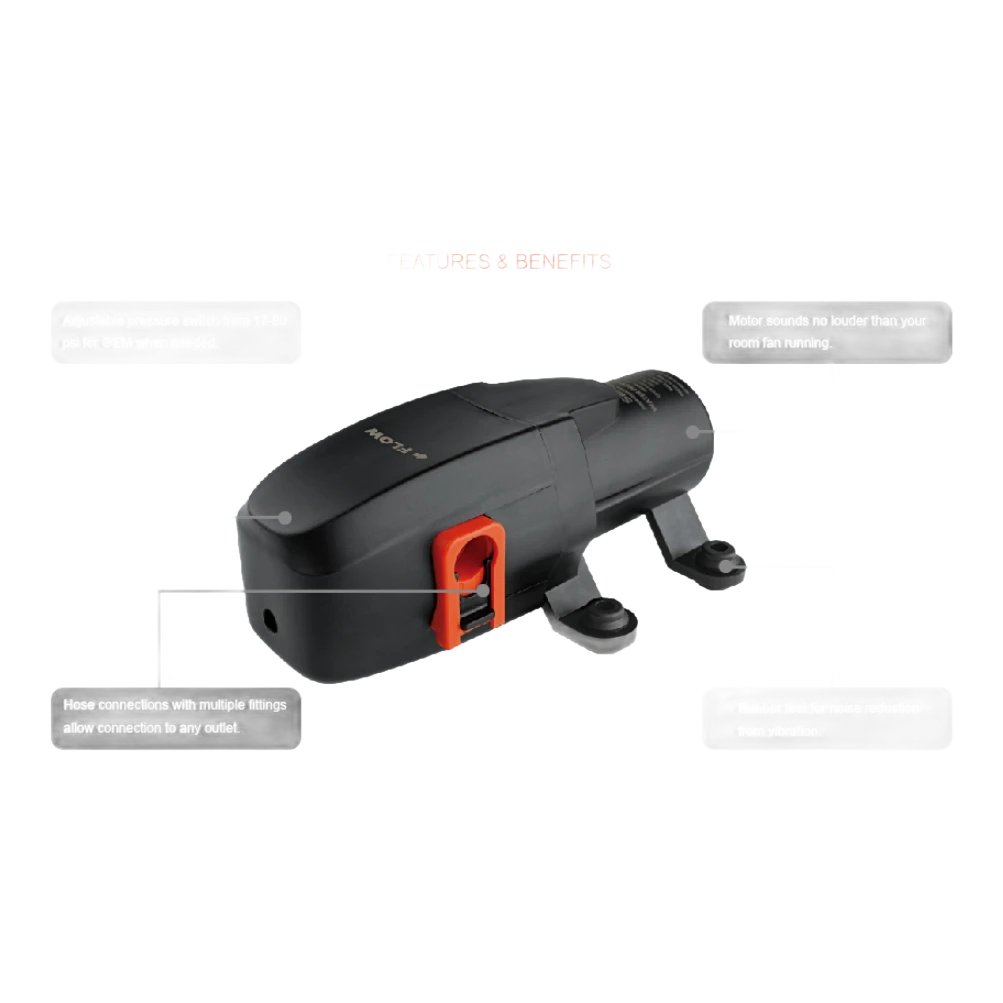 Seaflo pump with four callouts: an adjustable pressure switch from 17 to 80 psi, a motor no louder than a room fan, hose connections that take multiple fittings, and rubber feet to reduce vibration noise – 12v SeaFlo 23A 4.3LPM 40PSI