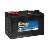 A black Century Marine Pro 1000 battery with red and black terminals, a blue label, and product details printed on the side.