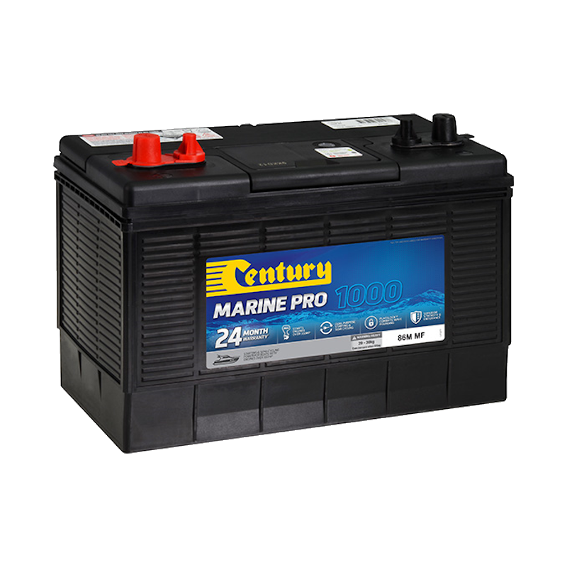 A black Century Marine Pro 1000 battery with red and black terminals, a blue label, and product details printed on the side.