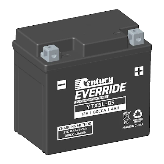 Century EverRide YTX5L-BS 80CCA 4Ah 12V AGM motorcycle battery, dry-charged with sealed acid pack, polypropylene case with Type A terminals