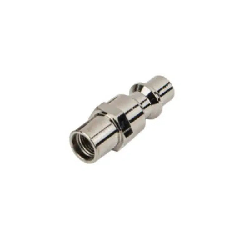 Nickel-plated hose coupling with a female thread at one end and a stepped male quick-connect nipple at the other