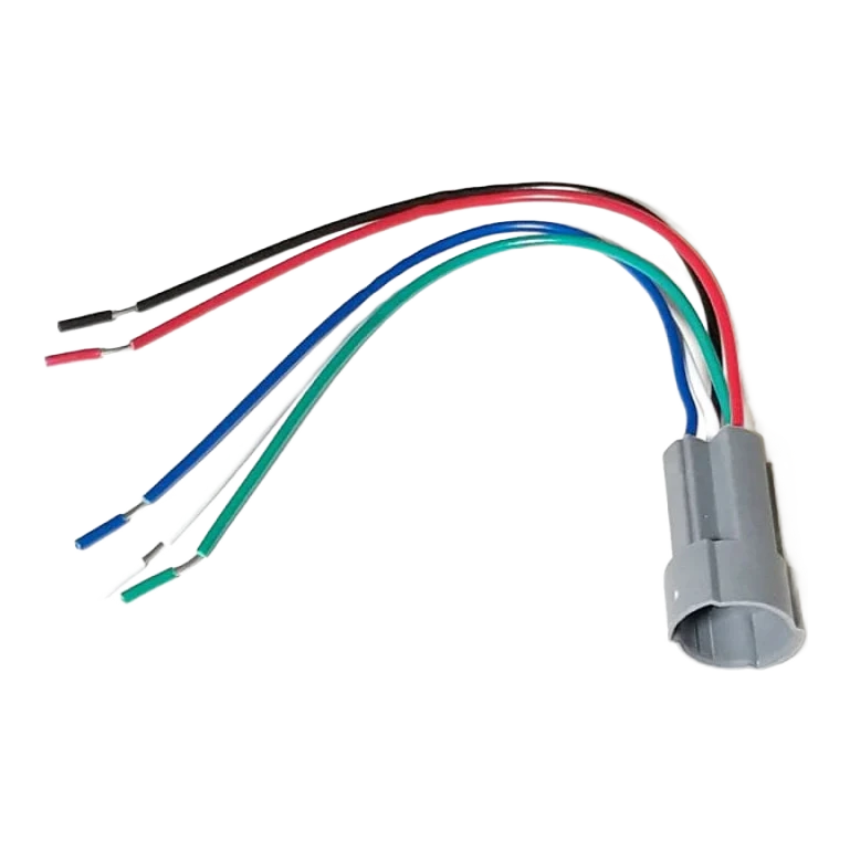 5-pin prewired socket for 19mm metal push button switch, showing colour-coded flying leads (white, red, black, blue, green) exiting the plug