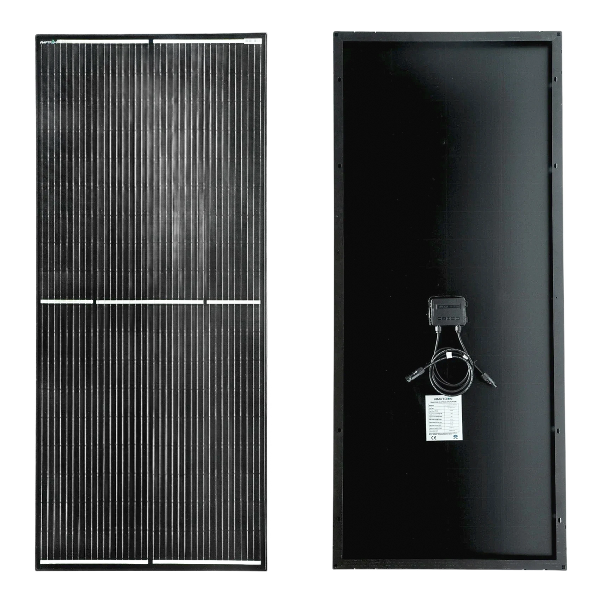 Front and back of the 200W half-cut mono panel shown side by side, the cell face at the left and the black backsheet with junction box and label at the right