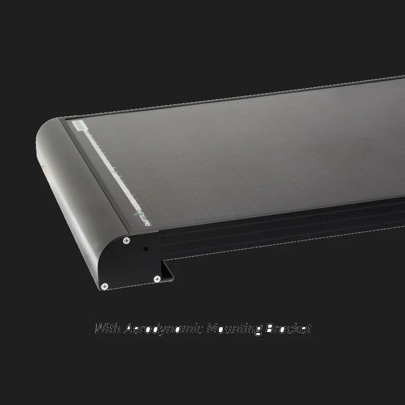 Corner of the panel fitted with the aerodynamic mounting bracket, the curved extrusion screwed to the frame so the leading edge sits flush and low