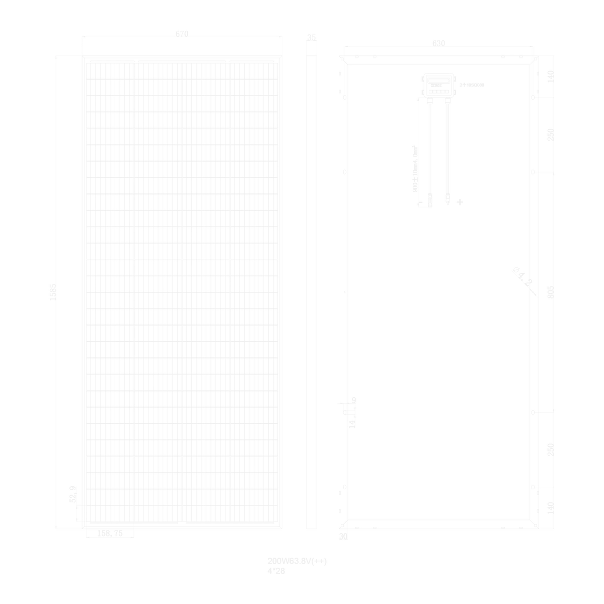 Dimension drawing of the high-voltage 200W panel: 1585mm tall by 670mm wide by 35mm thick, mounting holes 630mm apart across the frame with 140mm, 250mm, 805mm, 250mm and 140mm spacings down the back, a 900mm lead of 4.0 square millimetre cable from the junction box, cell size 158.75 by 52.9mm in a 4 by 28 layout, and 200W at 63.8V marked below