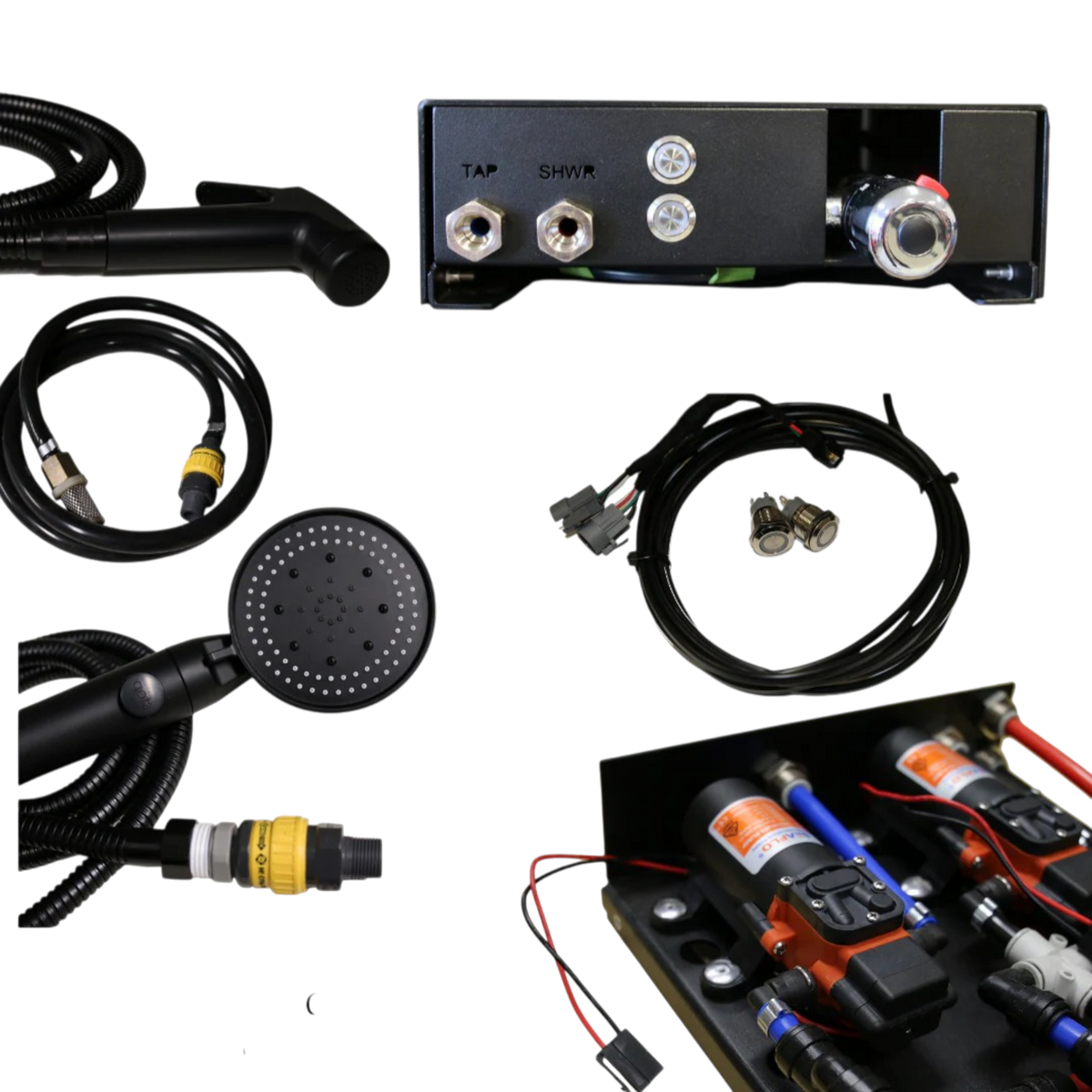 The Water Hub, electrical kit and hose kit shown together on a plain background: the hub, shower hose and rose, tap hose with quick-connect fitting, the wiring loom with two switches, and the twin pumps inside the open hub