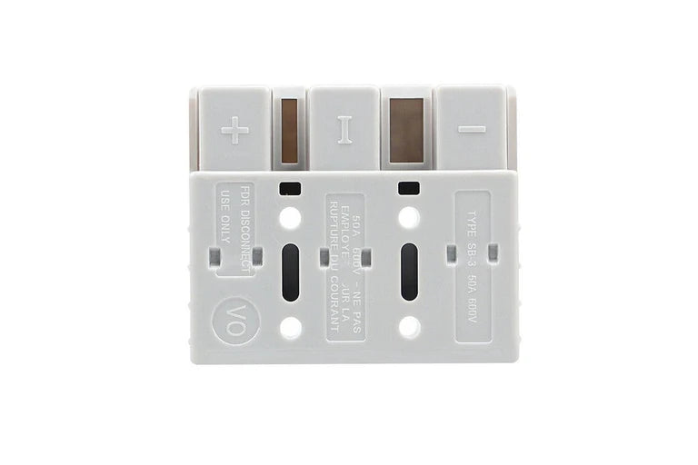 Face of a grey SB50 Anderson connector, the positive and negative contacts visible in their cavities either side of the centre key, with the moulded markings reading FOR DISCONNECT USE ONLY, 50A 600V and TYPE SB-3 50A 600V