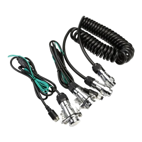Gator GTK1 4-pin PROLINK II trailer camera connection kit laid out: two weatherproof sockets with threaded screw-together connectors on 2 metre leads, a 2 metre coiled curly cord with integrated reverse trigger wire, and two metal mounting brackets