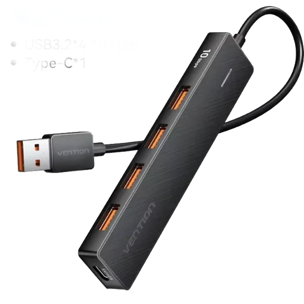 Slim black aluminium USB 3.2 Gen 2 hub with four USB-A ports along one edge, a USB-C port at the end and a captive USB-A lead, captioned four USB 3.2 ports at 10Gbps plus one Type-C