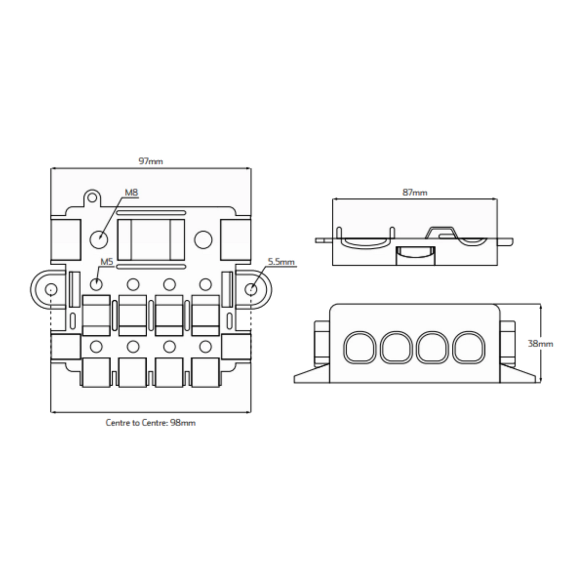 Dimension drawing of the four-way midi fuse holder: 97mm across the base with mounting holes 98mm centre to centre, 87mm deep and 38mm tall, with 5.5mm mounting holes, M8 main studs and M5 fixings called out