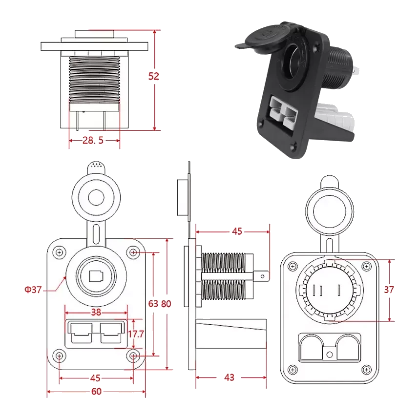 Dimensions diagram showing the panel-mount fascia cut-out size of 45mm by 63mm with four corner screw hole positions