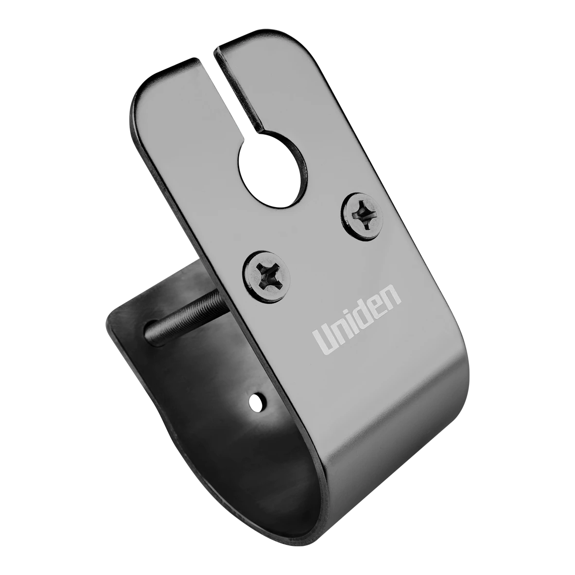 The same stainless bull bar antenna mount shown against a dark ground, the curved clamping face and the threaded stud that secures it visible from the side
