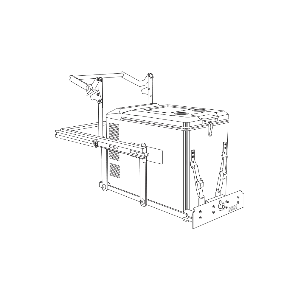 Line drawing of a fridge strapped to the slide with the fold-out table deployed, showing the strap routing, the drop arm linkage and the front locking panel