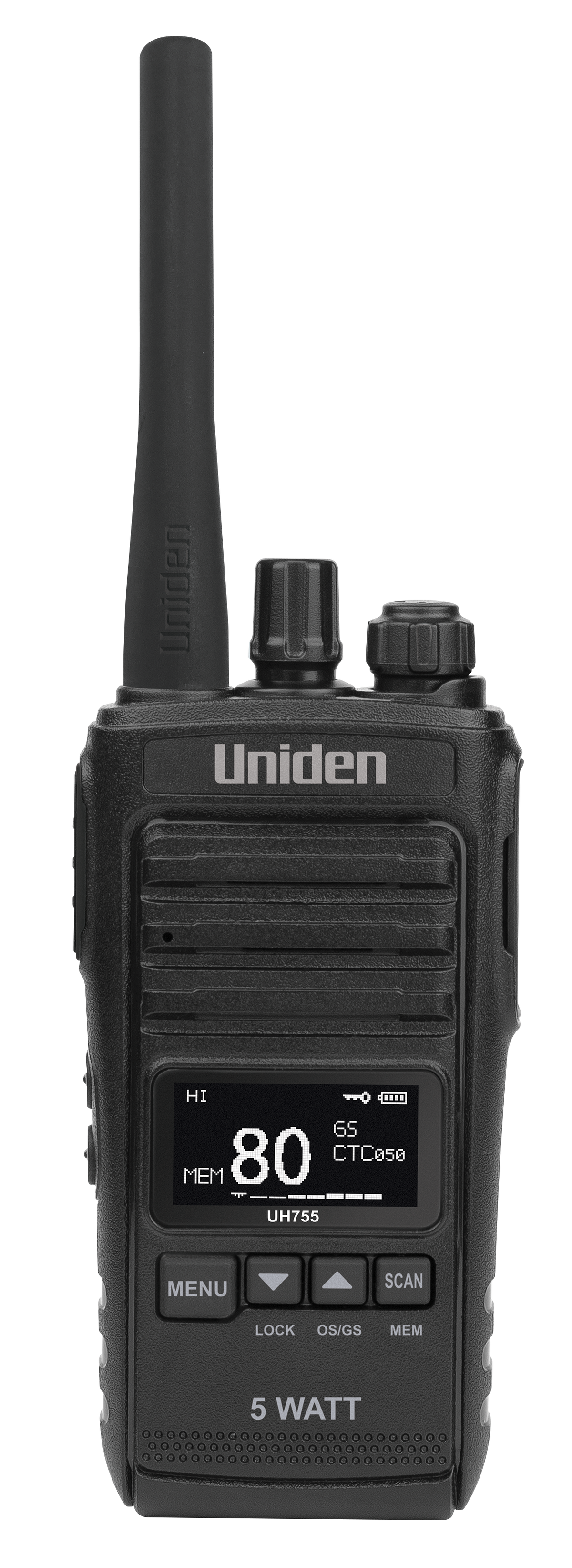 Uniden UH755 handheld UHF radio face on, the Uniden name above the speaker grille, the display showing channel 80 on memory with CTCSS 050 and a full battery, the menu, up, down and scan keys below, and 5 WATT marked at the base