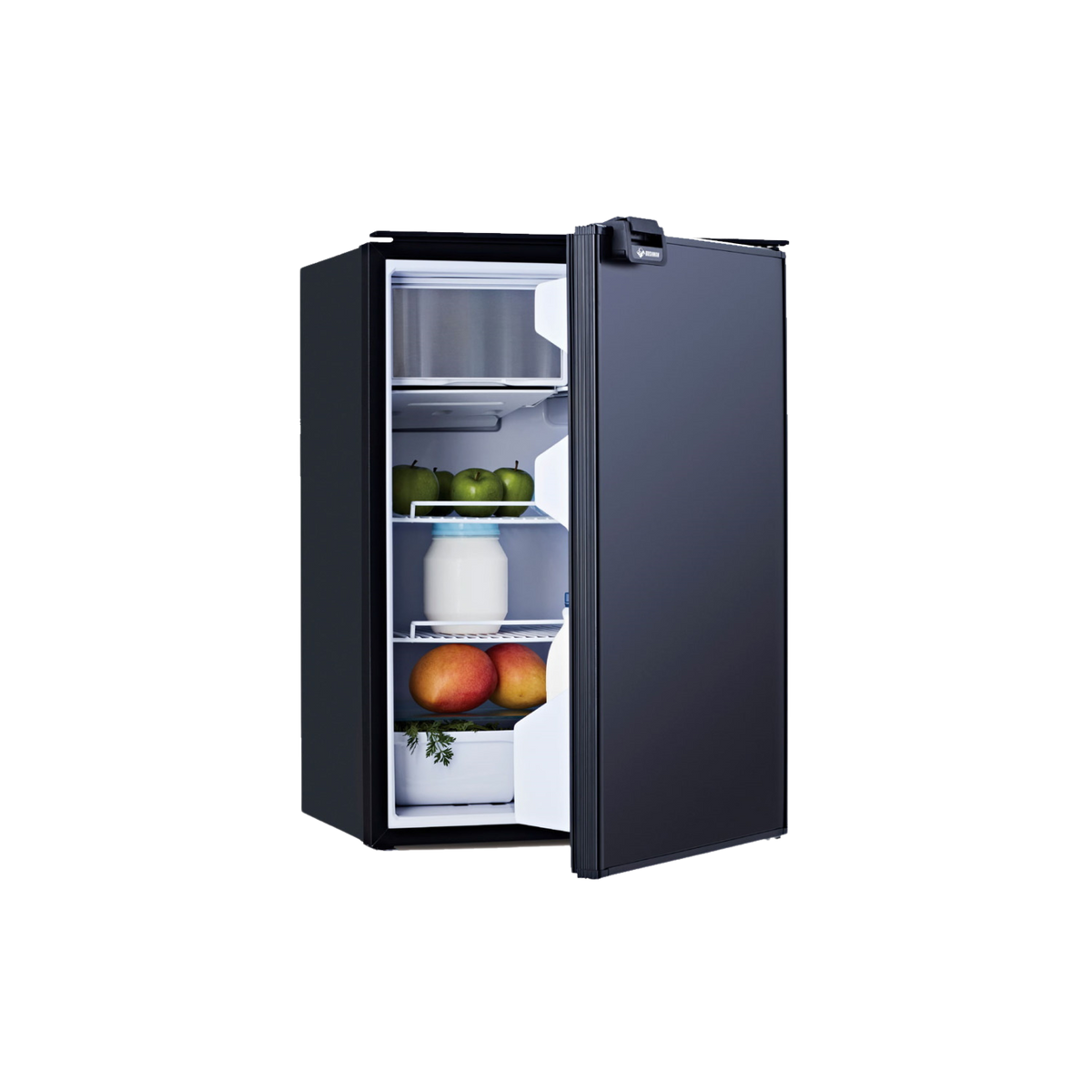 Bushman DC130-X upright fridge freezer at an angle with the door part open, showing the top freezer compartment, adjustable shelves and crisper tub