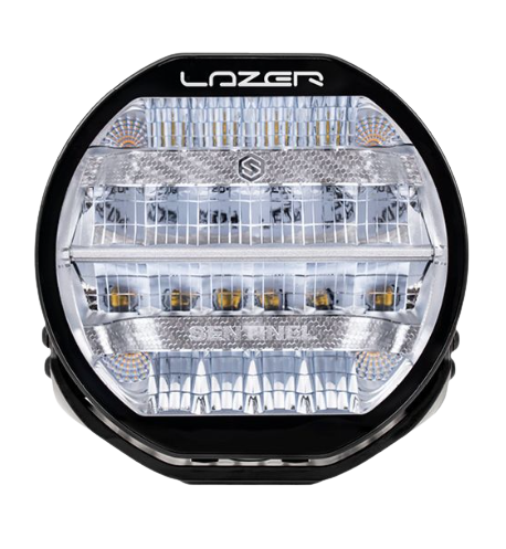 A black 7-inch Lazerlamps Sentinel LED driving light with a clear polycarbonate lens, designed for vehicles or tight mounting setups, featuring advanced LED technology.