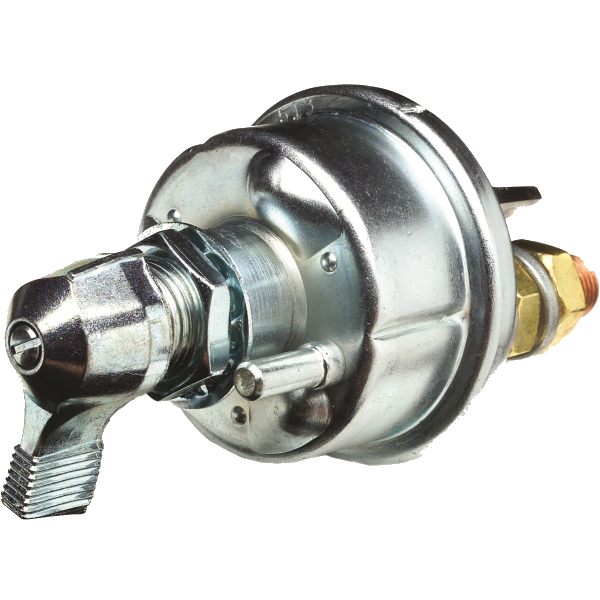 Battery master switch, a zinc-plated cylindrical body with a knurled removable key on the front, the main terminal stud with a brass nut at the side and a locating pin on the mounting face