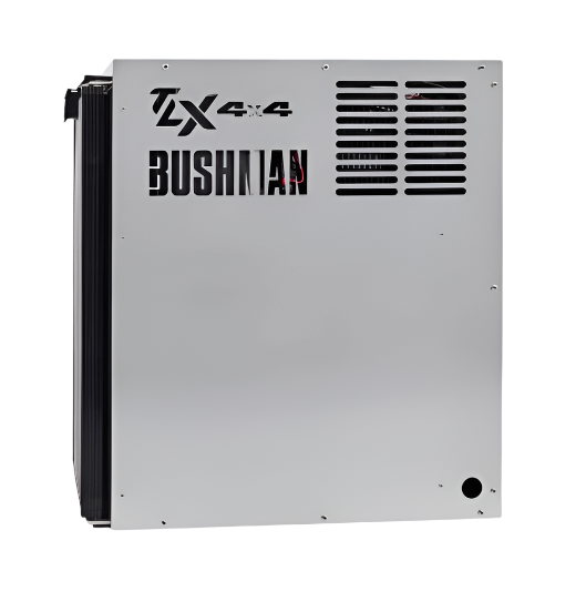 Side of a Bushman TX 4x4 fridge, the stainless panel carrying the Bushman name with the ventilation louvres and the condenser fins wrapping around the rear edge