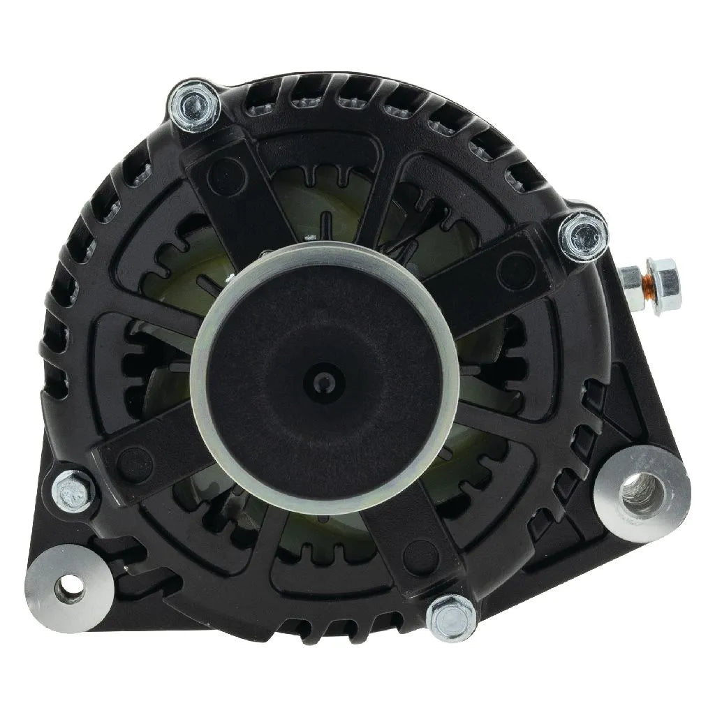 Black Series alternator seen square on to the pulley, the wide grooved pulley centred in the vented black housing with the mounting lugs at the corners