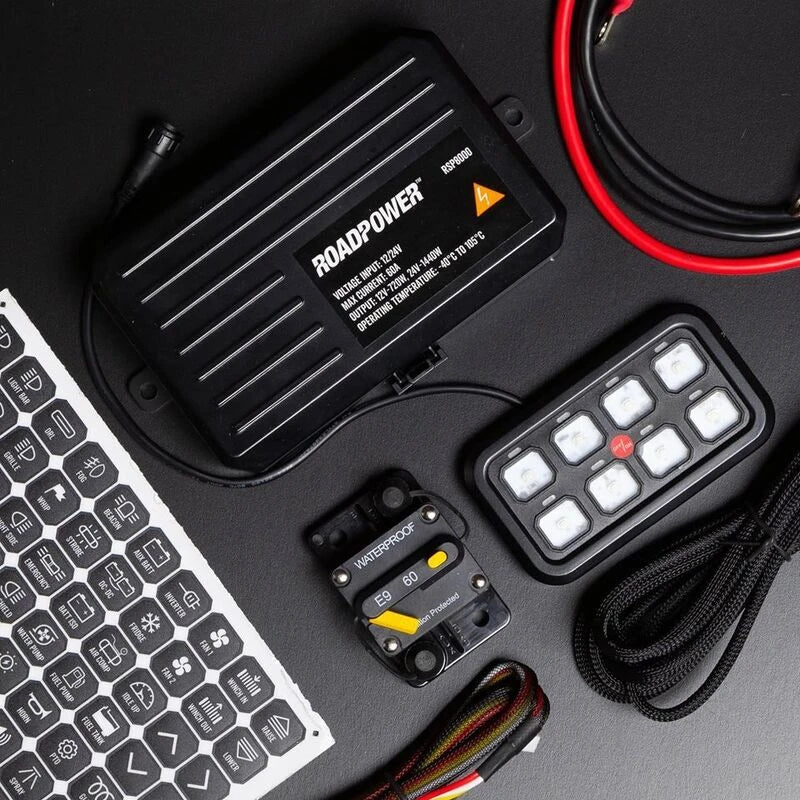 8-Way switch panel install kit — dash panel, power module, wiring harnesses and mounting hardware