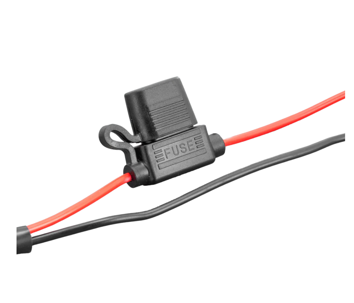 In-line blade fuse holder moulded FUSE on the body, the cover clipped shut with red and black leads running out either side