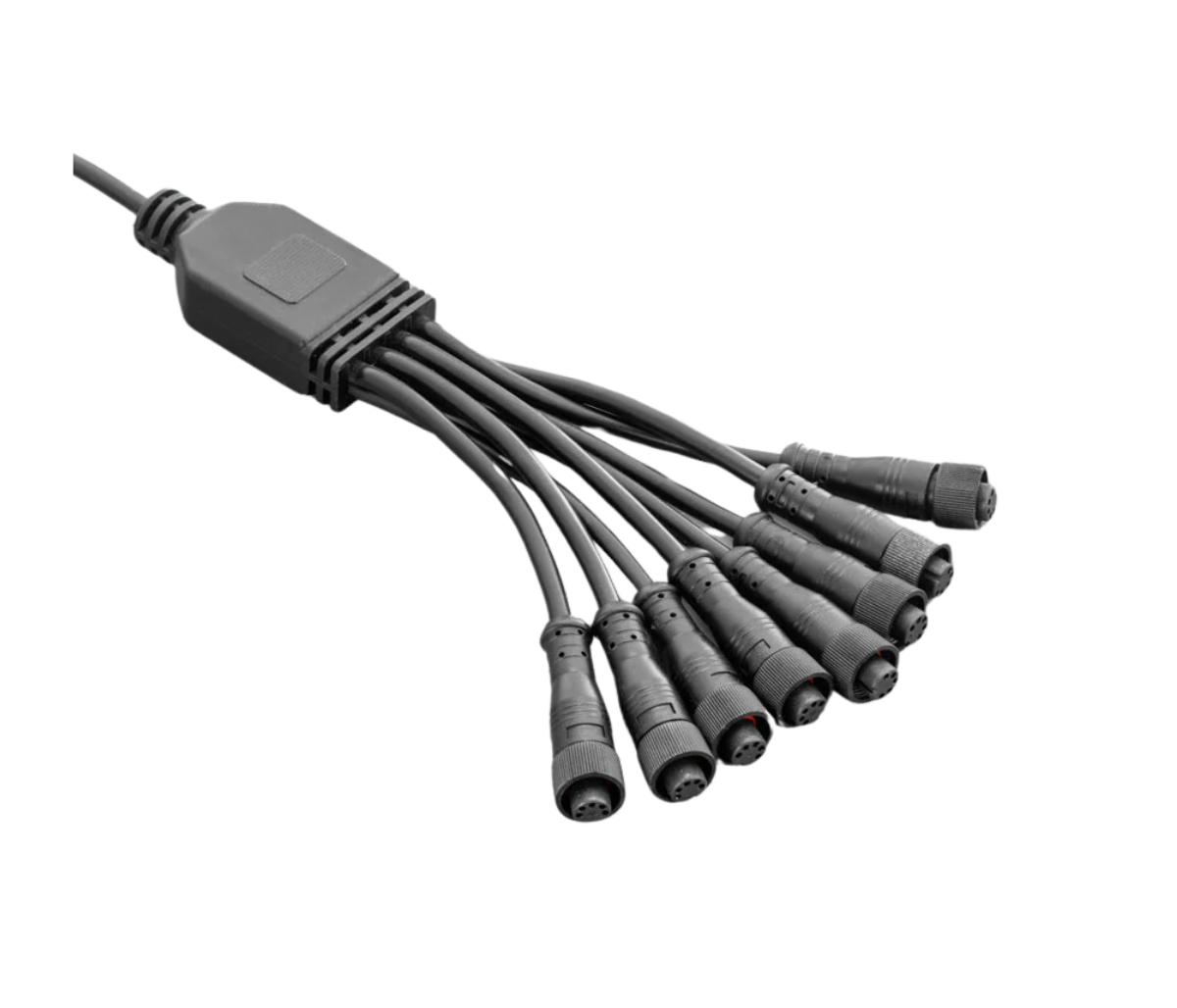 The same eight-way rock light splitter loom on a white ground, showing the moulded junction block and the eight threaded weatherproof connectors