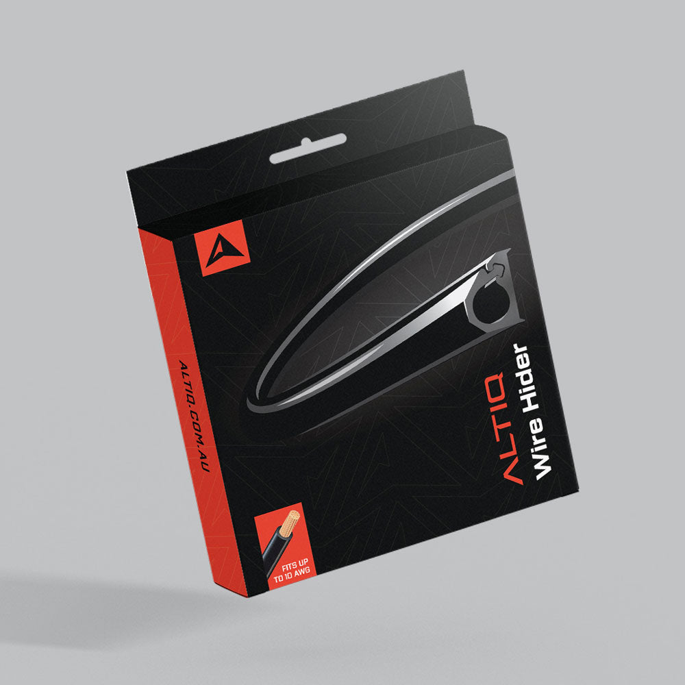Retail box for the ALTIQ Wire Hider, black with a red spine, showing the moulded channel on the front and a corner flash reading fits up to 10 AWG