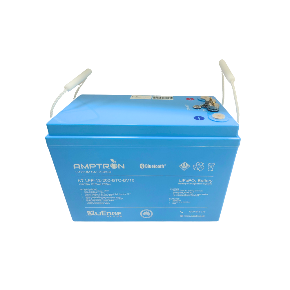 Amptron BluEdge AT-LFP-12-200-BTC-BV10 battery, 2560Wh 12.8 volt 200Ah, the blue case with rope carry handles and the label listing max charge voltage 14.6V, standard charge 40A, max continuous charge 200A, max continuous discharge 200A and peak discharge 400A, with the BluEdge Series mark below