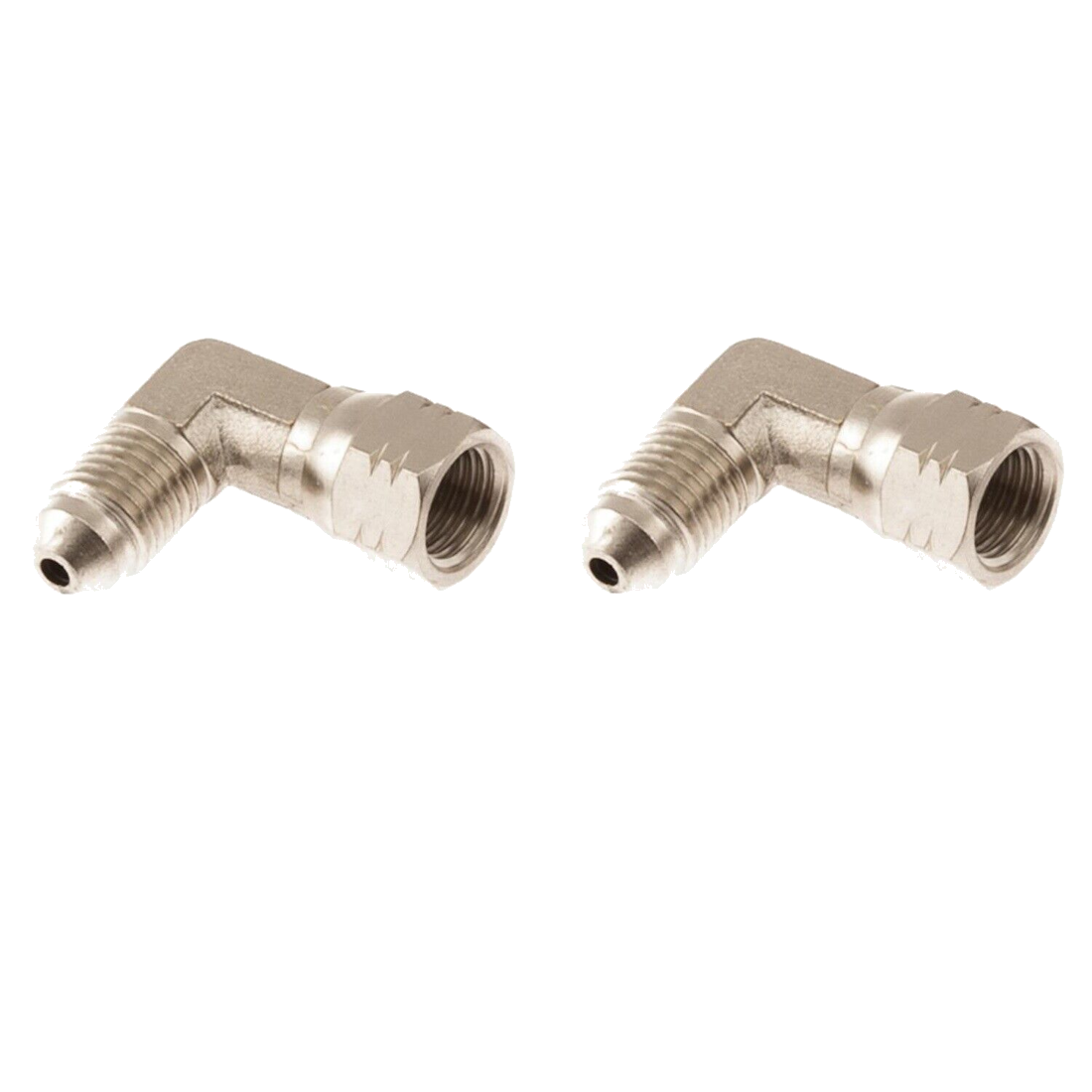 Two nickel-plated 90 degree elbows, each with a JIC 4 male flare at one end and a JIC 4 female swivel nut at the other