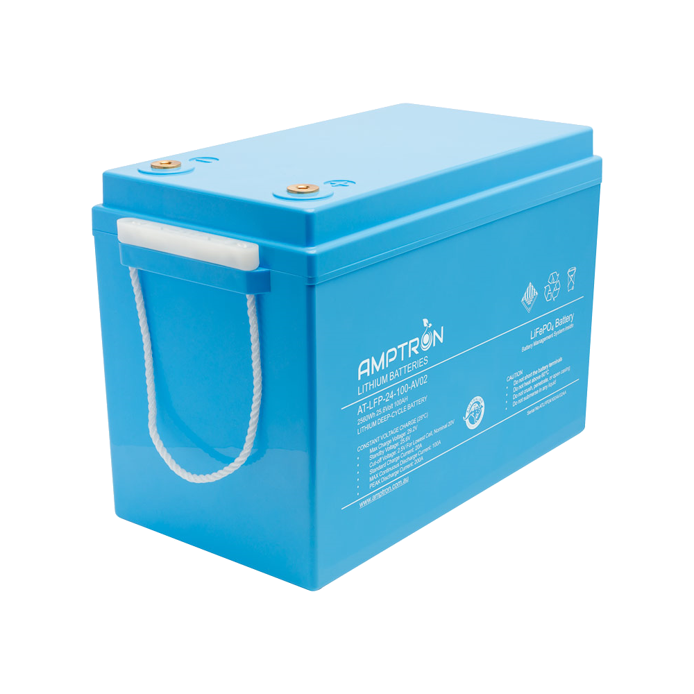 Amptron AT-LFP-24-100-AV02 lithium battery at a three-quarter angle, 2560Wh 25.6 Volt 100Ah, the blue case with a rope carry handle and two terminals on the top face