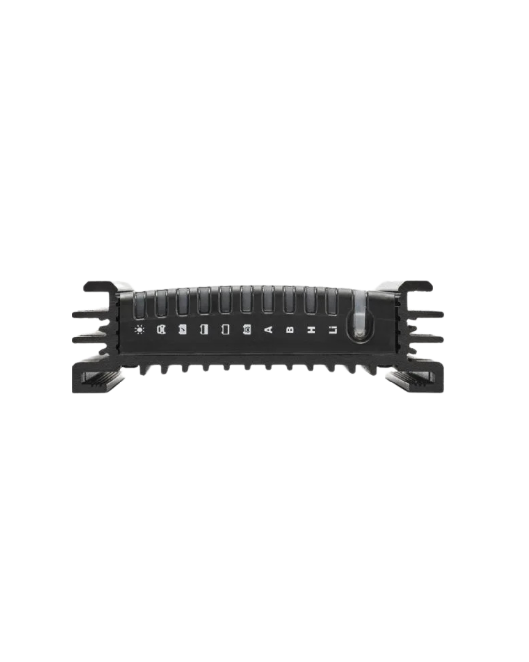 Edge-on view of the Alpha50 R, the row of connector positions along the front face each marked with its own icon, between the cast end brackets