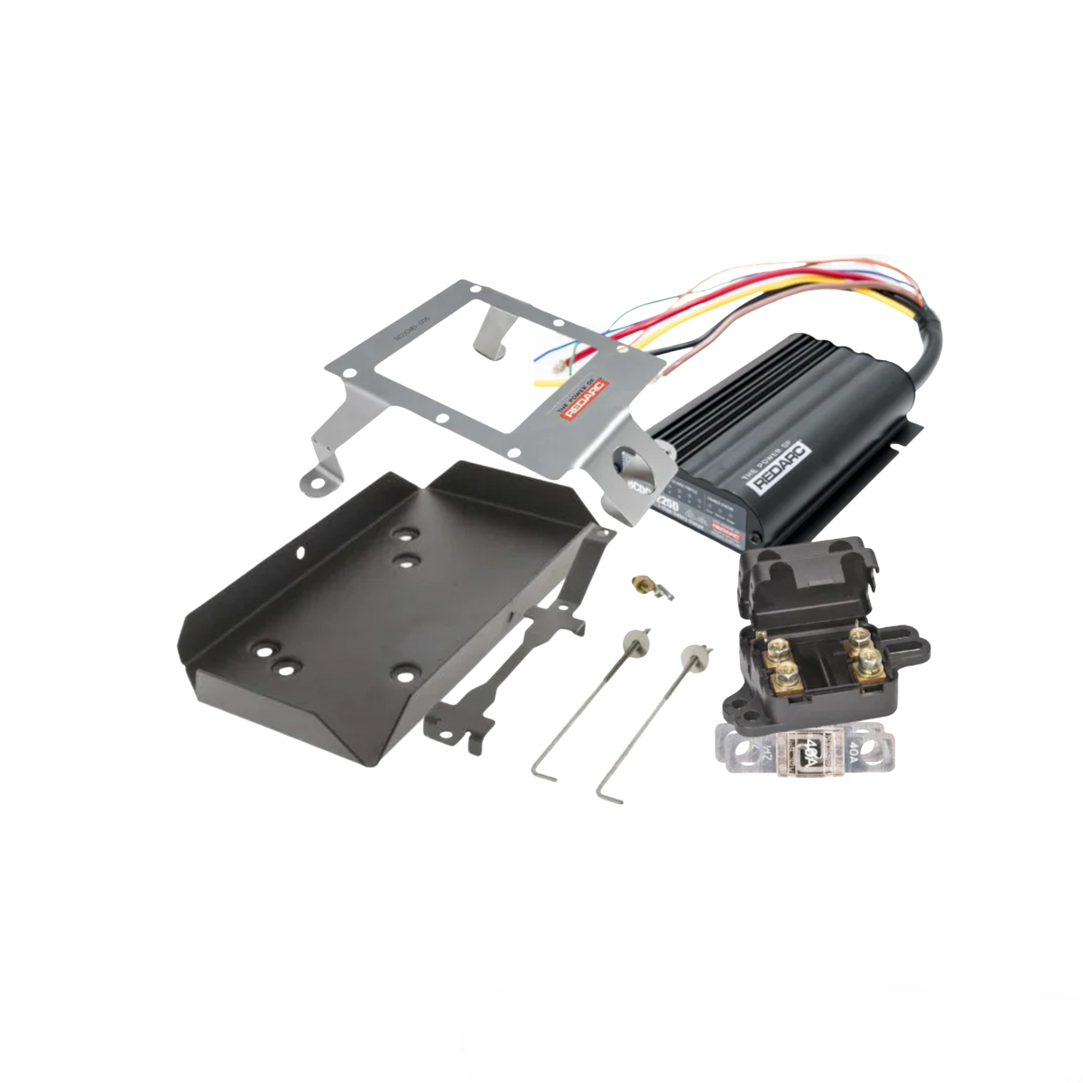 REDARC BCDC1225D charger, stainless bracket, battery tray, fuse holder and mounting hardware supplied in the LandCruiser 200 Series under bonnet kit