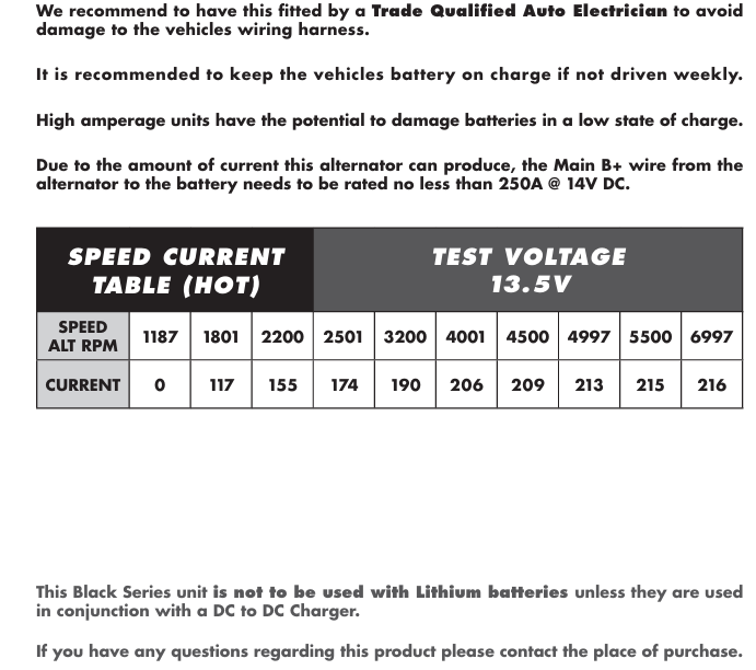 Manufacturer fitting notes for the BKS-240DMAX covering cable requirements, battery charging advice, the hot speed current table and lithium battery limitations