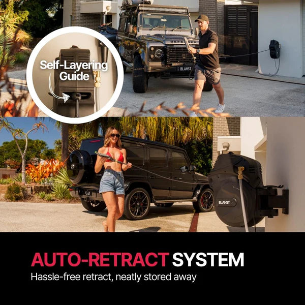 Collage of images showing a vehicle with an auto-retract system, a person using a self-layering guide, and a woman standing next to a vehicle with the system in use.
