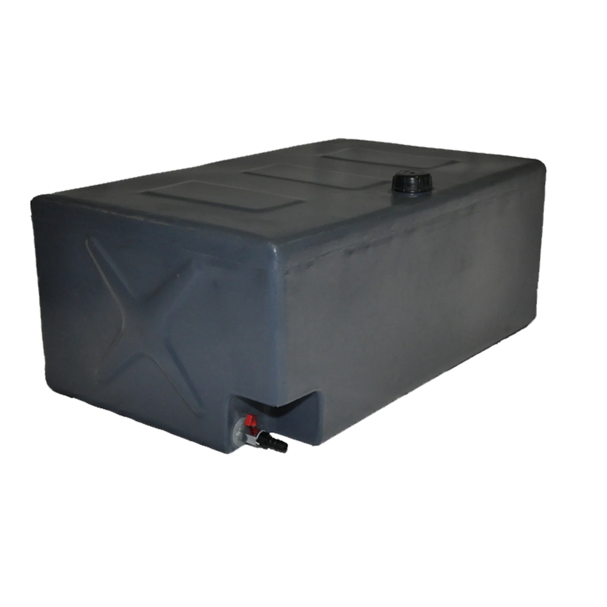 A black rectangular Boab poly water tank designed for vehicle mounting, with a screw cap filler and outlet for a hose.
