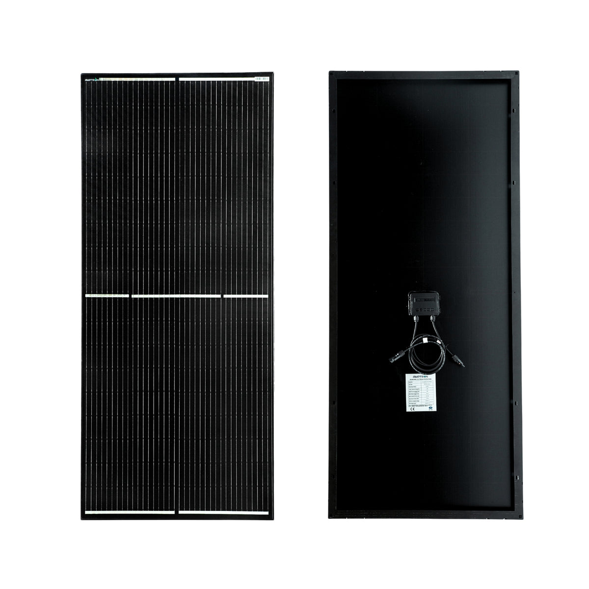 Front and back of the 200W half-cut mono panel shown side by side, the cell face at the left and the black backsheet with junction box and label at the right