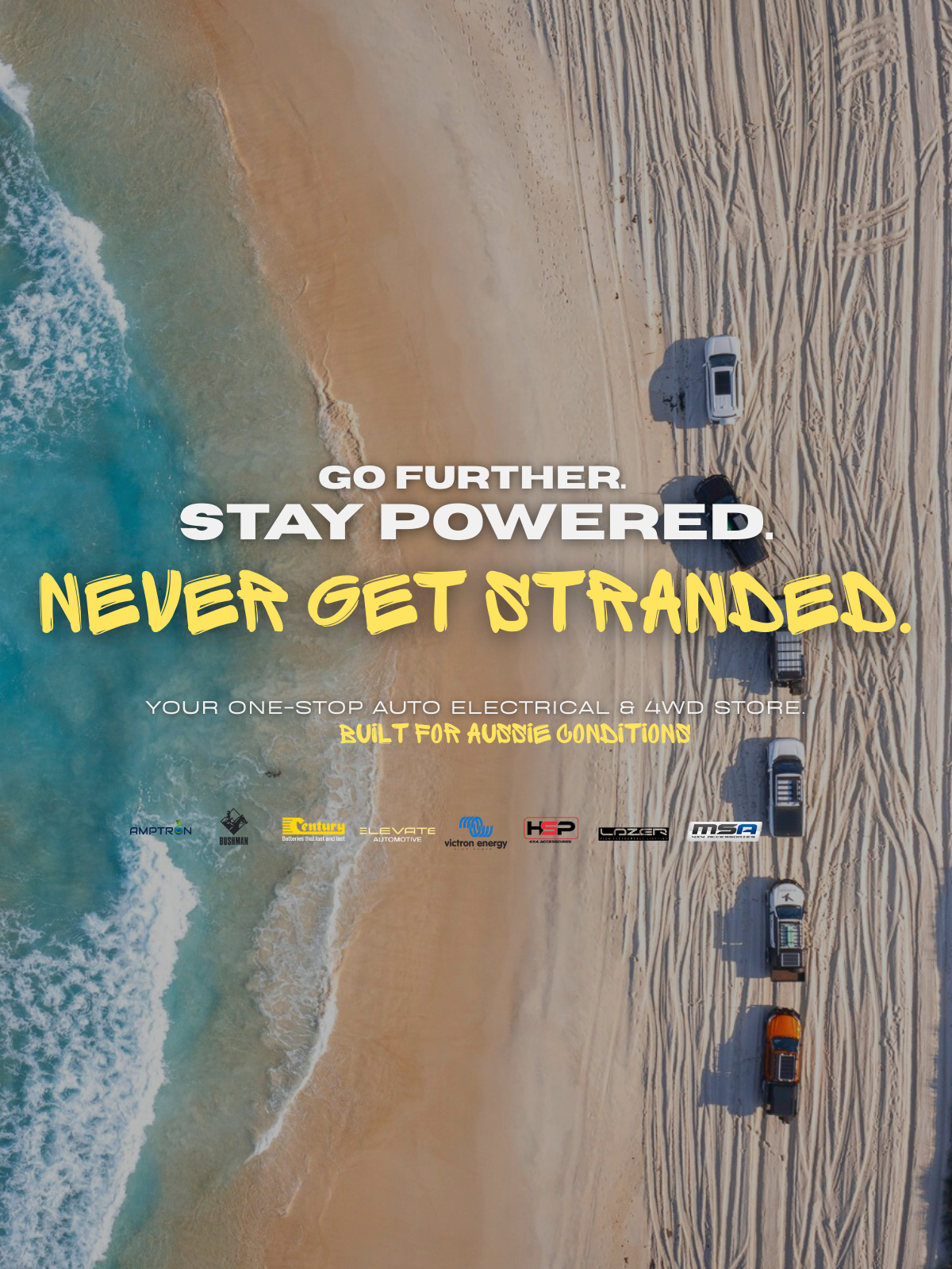 Birdseye view of beach and sand with trucks driving on the sand. Text and logos overlaid
