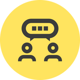 Yellow icon with a grey speech bubble indicating two people talking
