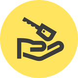 Yellow circle icon with a grey hand holding a key