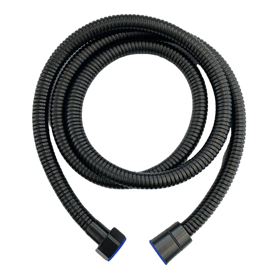 A black shower hose with metal ends.