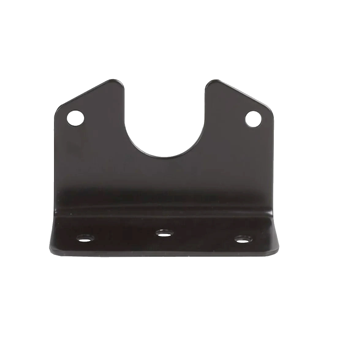 Angled zinc-plated steel mounting bracket for small round metal 7-pin trailer socket, 94×87mm face with 87mm cutout and four pre-drilled fixing holes.