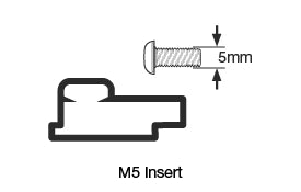 Line drawing of an M5 threaded insert terminal in section, with the 5mm bolt shown alongside and its length dimensioned